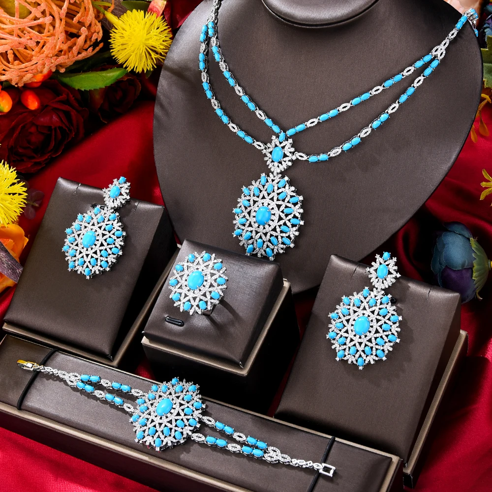 Missvikki New Luxury 2 Layers 4 PCS Sets Bridal Jewelry Sets For Women Wedding Party Nigerian African Necklace Earring Sets