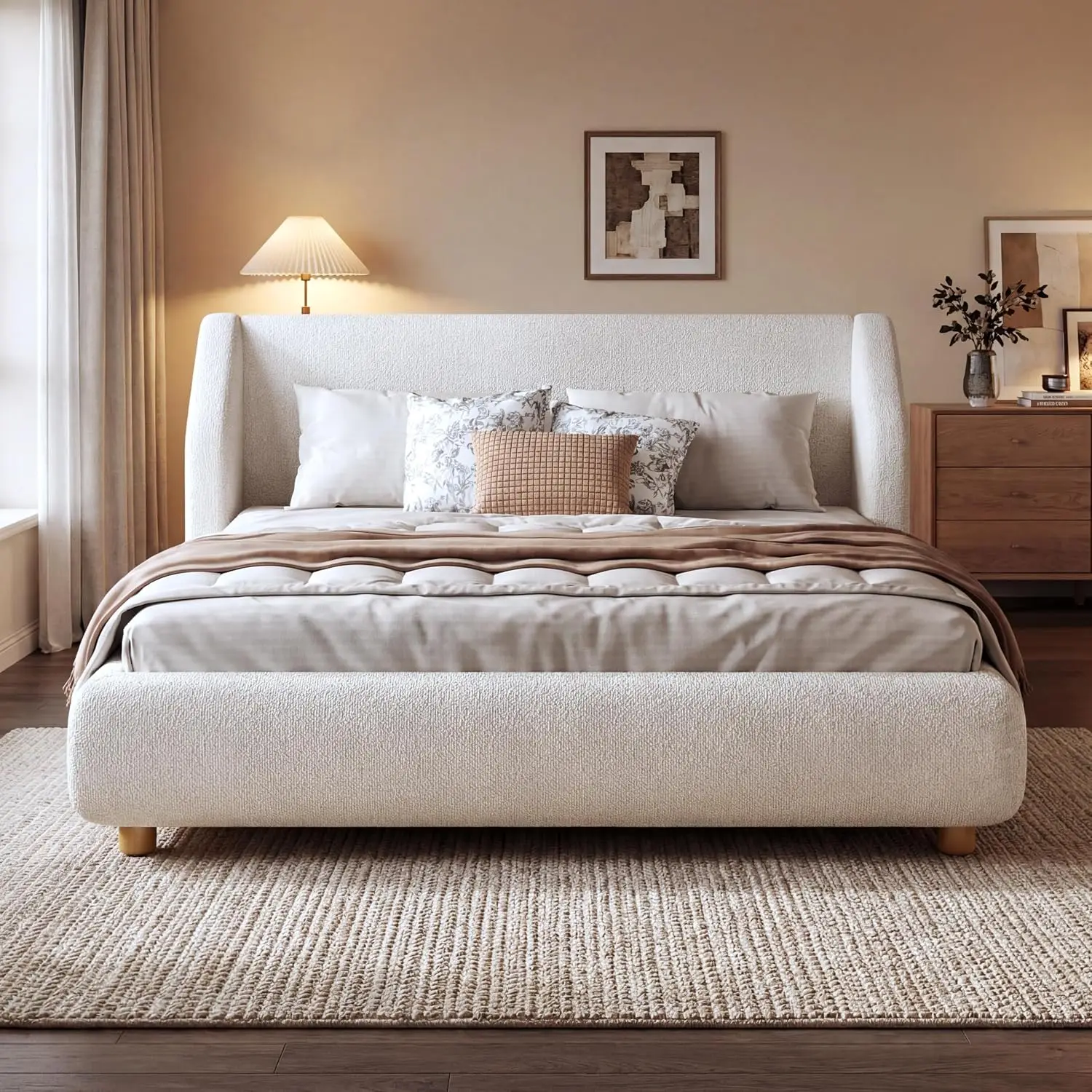 Extra-Wide Wingback Queen Bed Frame, Boucle Fabric Upholstered Platform, Bedroom Furniture, White, Customized