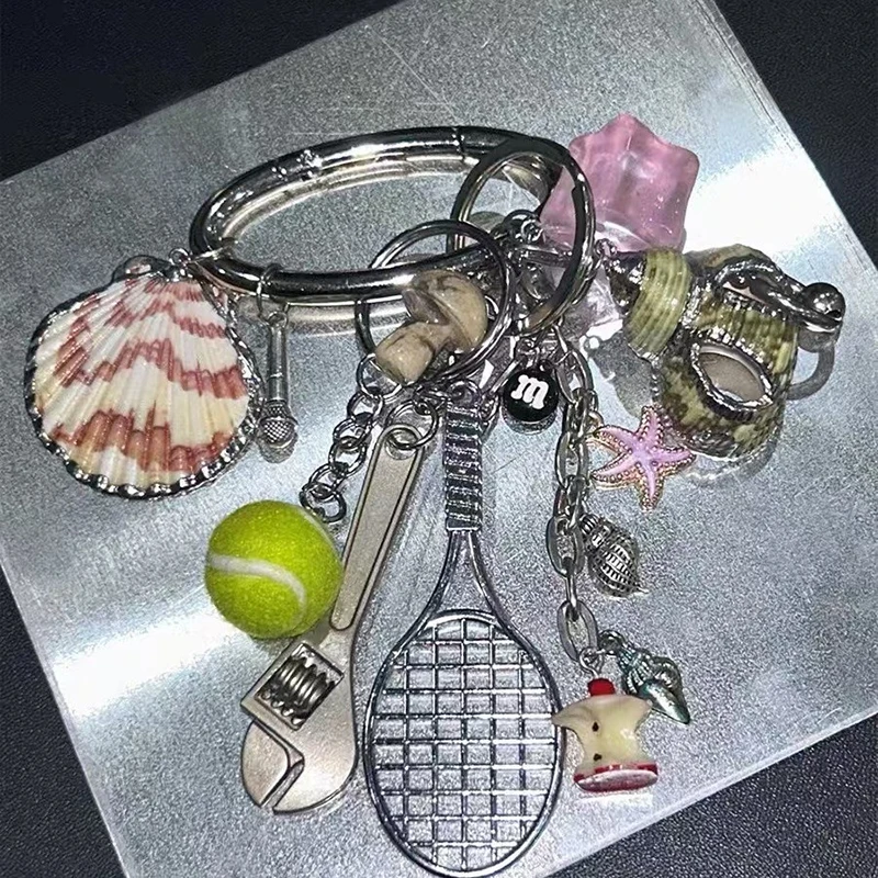 

Y2K Ins Style Tennis Keychain Shell Starfish Trinket Lanyard Keyring Bag Pendant Backpack Hanging Decoration Creative Gifts
