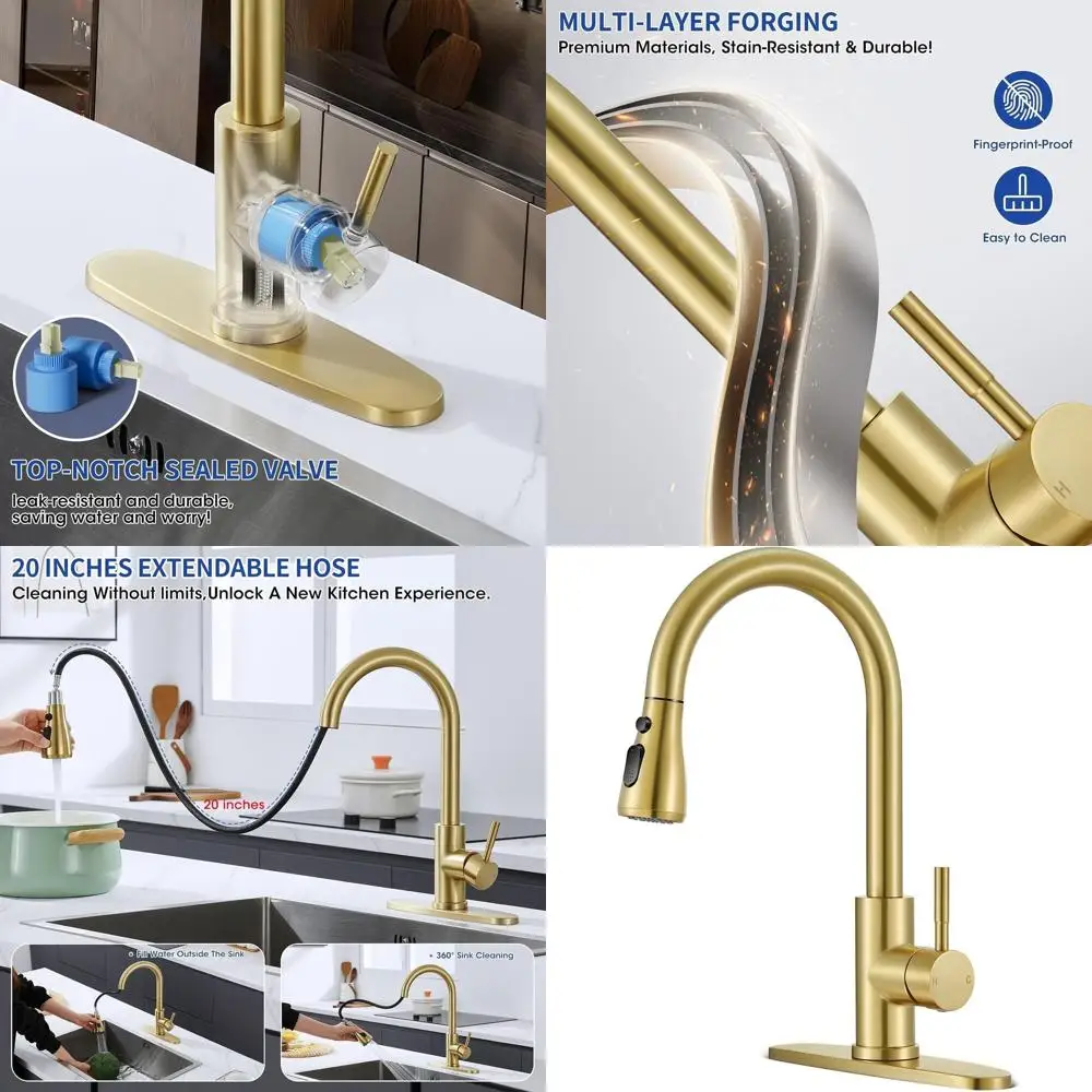 

Смеситель с одной ручкой и высокой дугой, нержавеющая сталь, 1 или 3 отверстия, золотая отделка для кухни, фермерского дома, автофургона и стирки