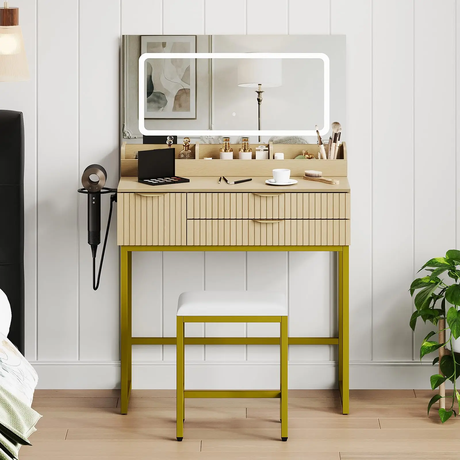 LED Lighted Vanity Desk with Glass Top – 3-Color Dimmable Mirror, Built-in Power Outlet, 3 Drawers, Hair Dryer Rack & Stool, Modern Bedroom Makeup Table ﻿