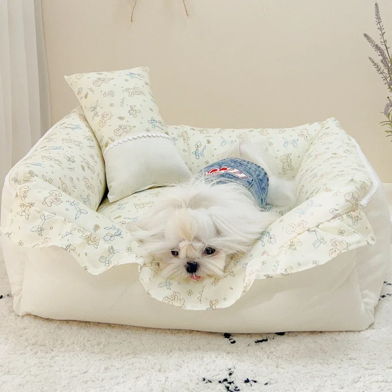 

Pet House Bed Cats Small Dog Sofa Cat Nest Rural Style Pure Cotton with Lotus Leaf Edges Detachable and Washable Pet