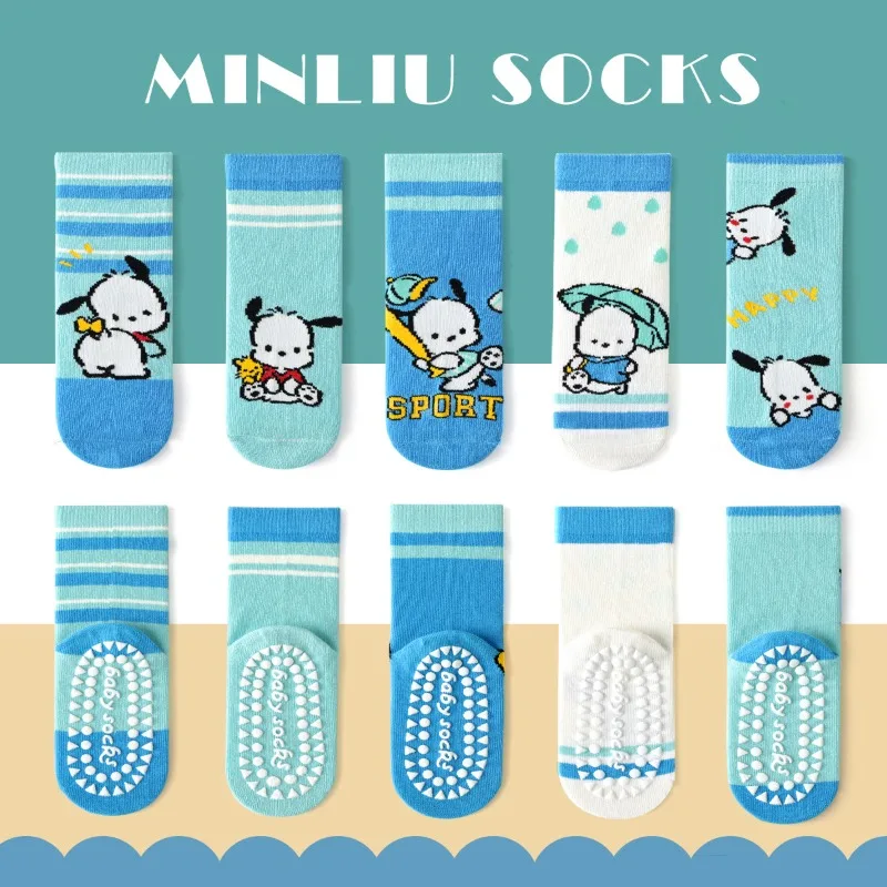 5Pairs Kawaii Sanrio Pochacco Socks Hello Kitty Kuromi Cinnamoroll Cartoon Student Stockings Girls Medium Tube Non-slip Socks