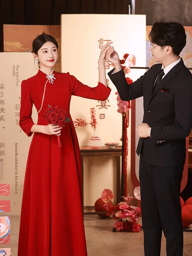 

Materni Wedding Dr Red Marriage Return Gift Dr Women's plus Size Engagement Clothes Winter High Waist Velvet Gown