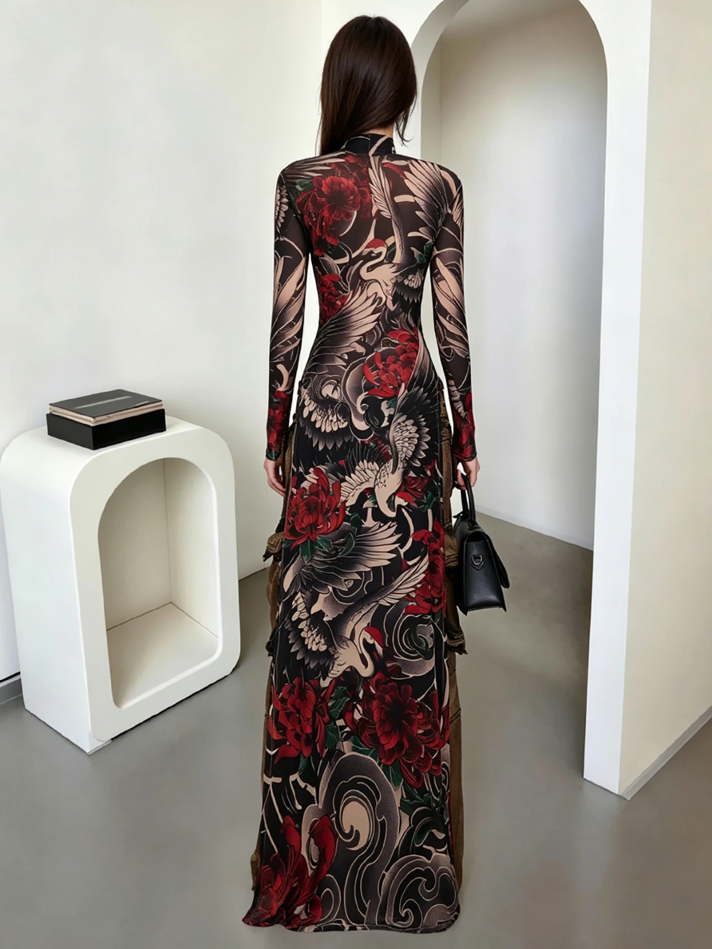 Weird Puss Stylish Print Split T-Shirt Women X-Long Half High Collar Full Sleeve Colorful Hottie Wild Stretch Slim Streetwear