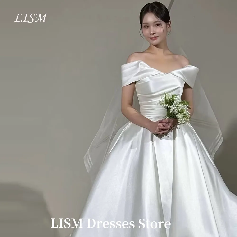 

LISM Simple A-Line Korea Wedding Dresses Photo Shoot Satin Floor Length Off Shoulder Elegant Bridal Gowns웨딩드레스Customized Corsets