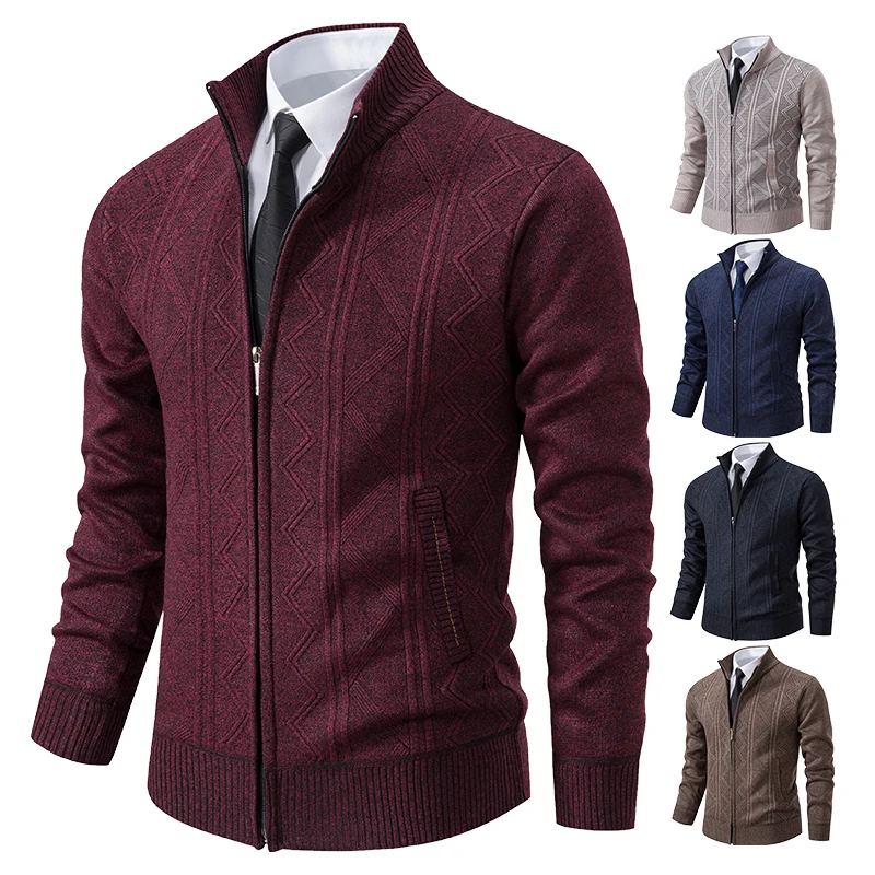 Thickened jacket men\'s autumn and winter warm trend line stand collar knitted cardigan sweater coat