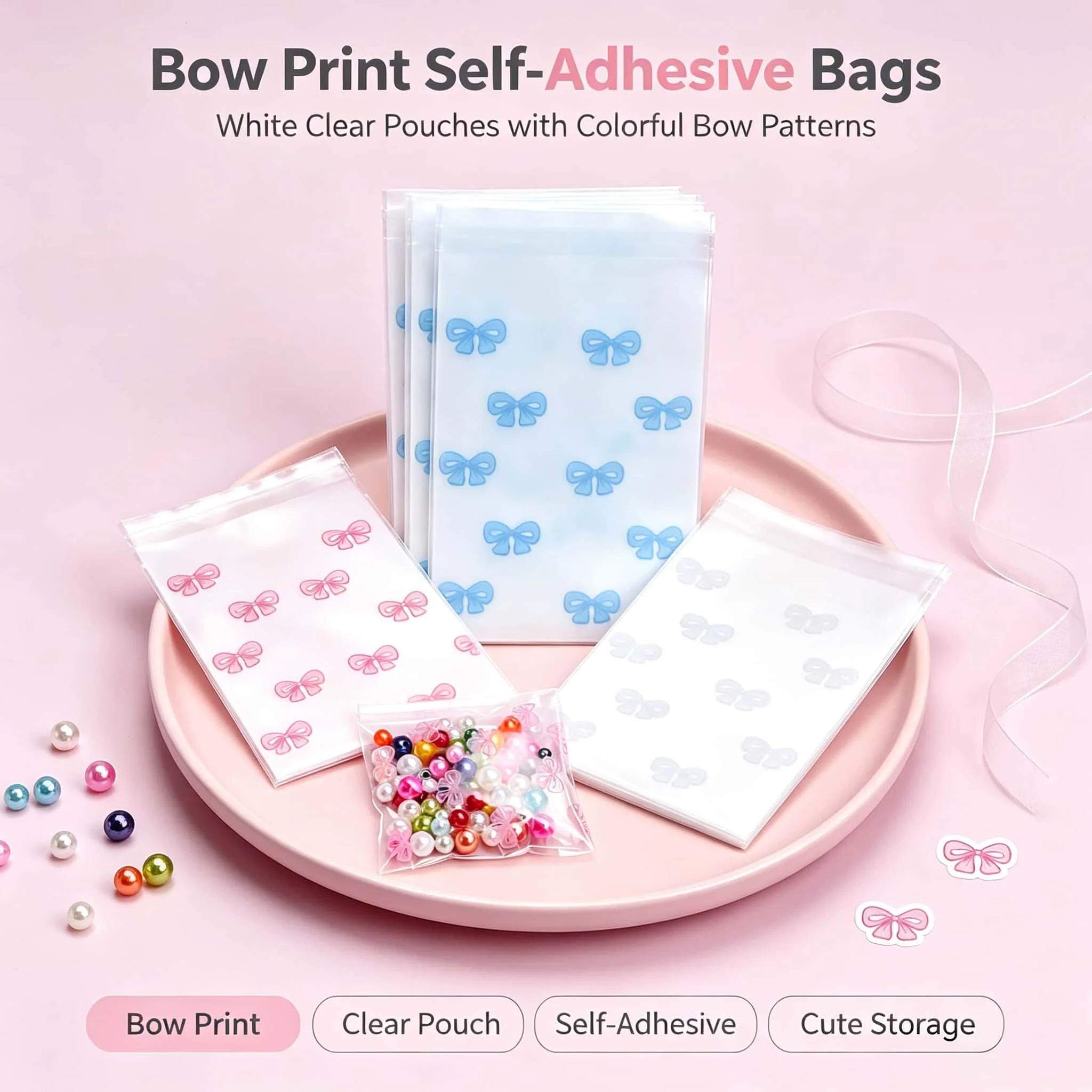 100pcs 8x10cm Kawaii Bow Print Self Adhesive OPP Sealing Bags For Kpop Photo Card Badge Biscuit Small Gift Candy Storage Pouches