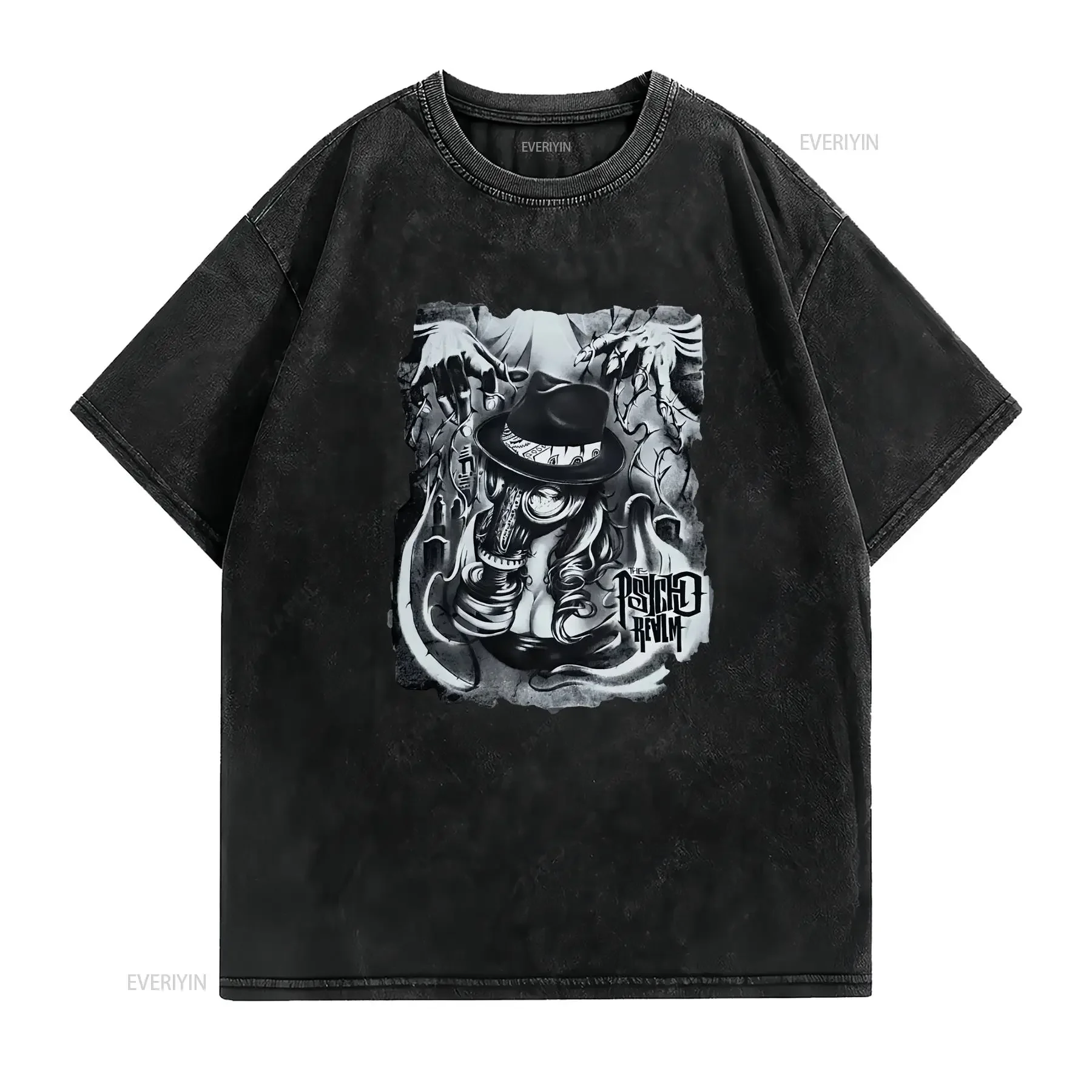 Vtg Psycho Realm Band Tour Cotton Black Full Size T Shirt vintage Washed graphic Casual Versatile Top For Everyday Wear
