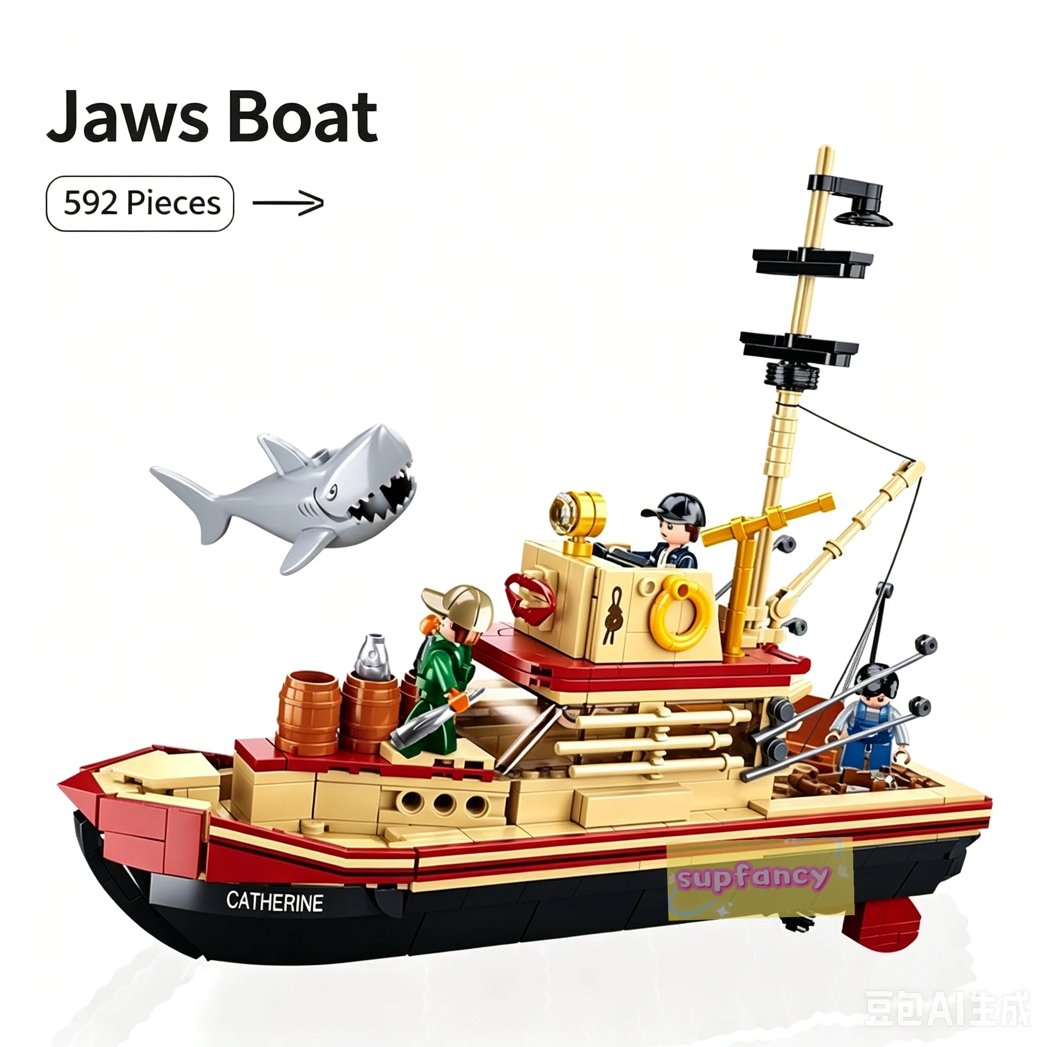 City Fishing Boat Vessel Trawlboat Model Building Blocks Set Pirate Ship Sea Fisher White Shark Figures MOC Toys With Stickers