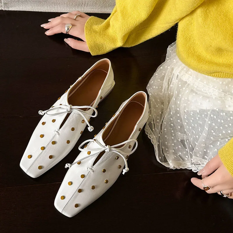 

MKKHOU Fashion Pumps New High Quality Genuine Leather Rivet Square Head Strap Low Heel Leather Shoes Casual Women's Shoes