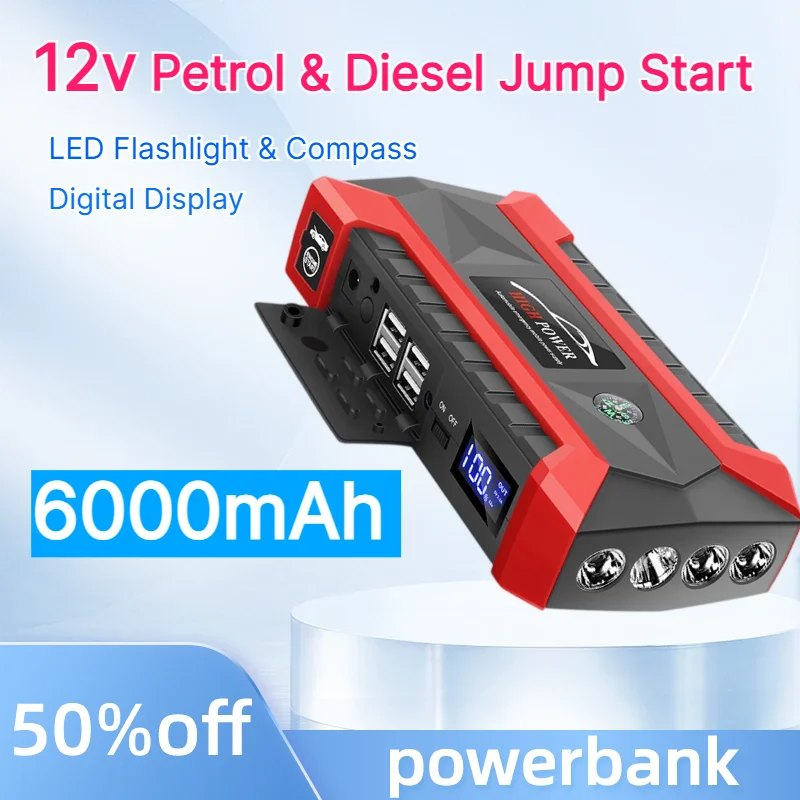 6000mAh Car Battery Starter Portable Auto Jump Starter 12V Petrol Diesel Emergency Booster Power with LED Flashlight Compass