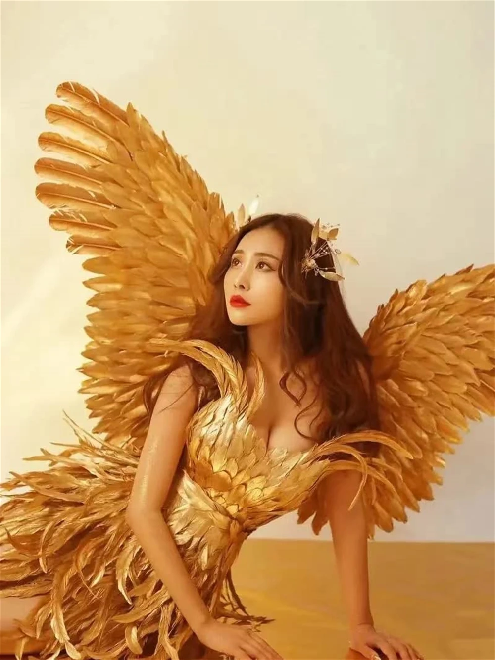 Gorgeous Gold Feather Fairy Wings Costume for a Luxurious Show Outfit at Carnivals and Festivals