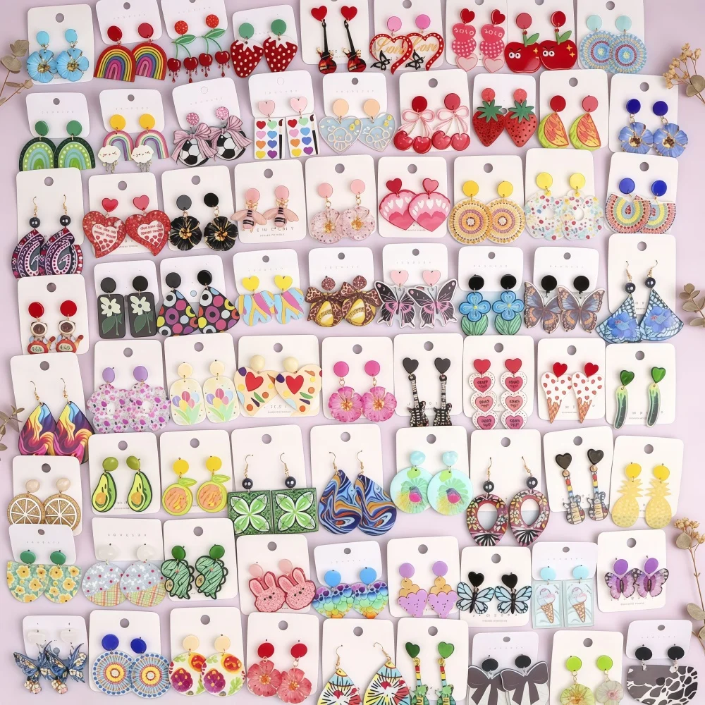 10/12Pairs/Lot Fashion Bright Painting Drop Acrylic Earrings Women Summer Floral Fruit Macaron Trendy Mix Jewelry Daily Holiday