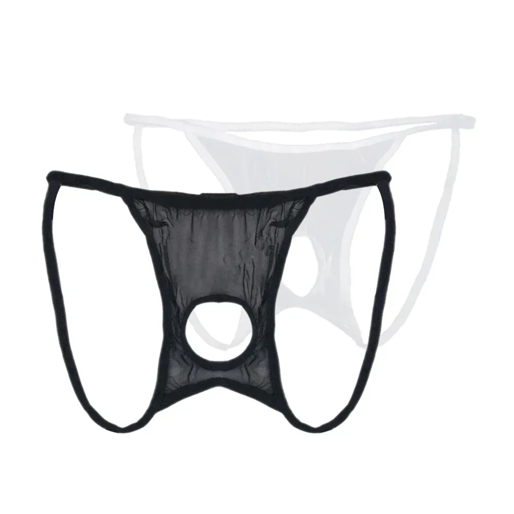 Tangas transparentes para hombre, ropa interior de cintura baja con espalda en T, lencería erótica Sexy, bragas de orificio para el pene,