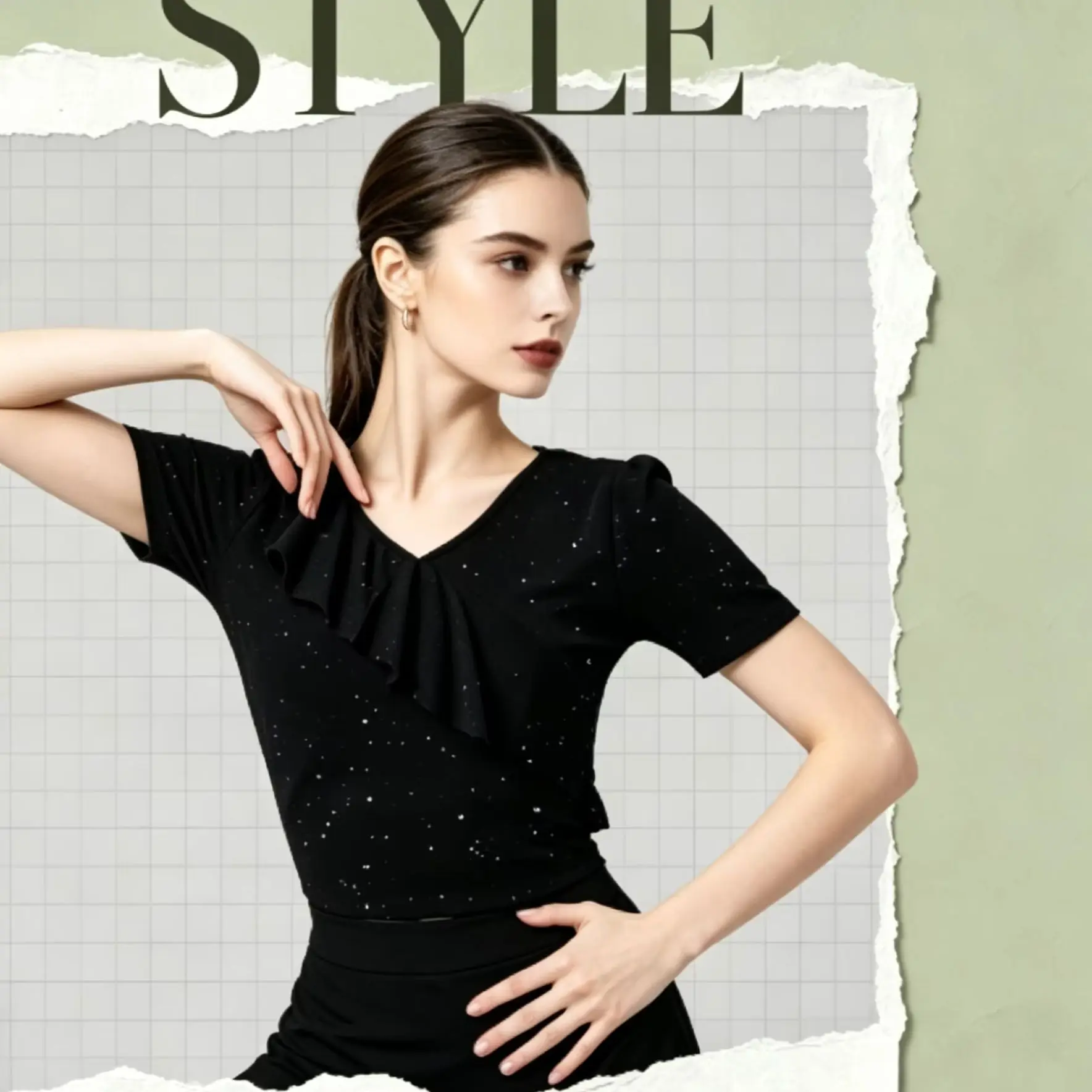 

Female Adult Summer New Latin Dance Tops Ruffled V-neck Fashion Comfortable Short-sleeved Modern Sorority Dance Practice Clothes