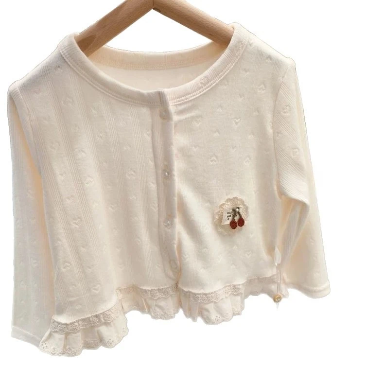 T-shirt New Model Girl Super Soft Cardigan Childrens Knitted Jacket Lace Cute Western Style Top Simple Daily Korean Fashion