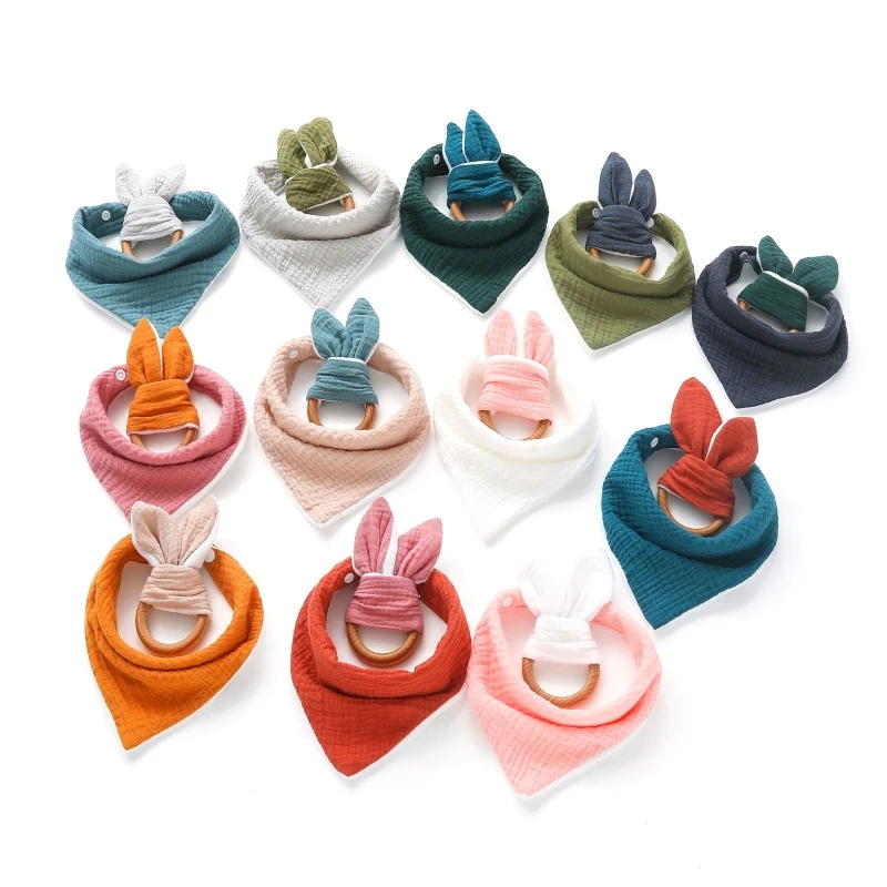 

2 Pcs Baby Bib Wooden Ring Teether Muslin Saliva Towel Burp Cloth Triangular Scarf Teething Toy