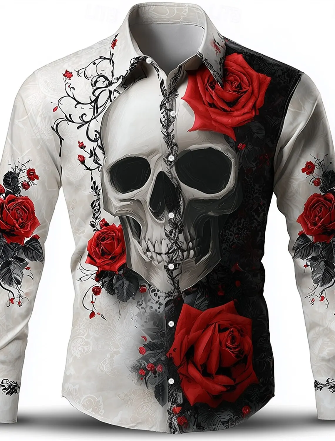 3D Print Skull Rose Graphic Men's Shirts Gothic Style Long Sleeve Lapel Button Tops Halloween Theme Party Custom Clothes For Men