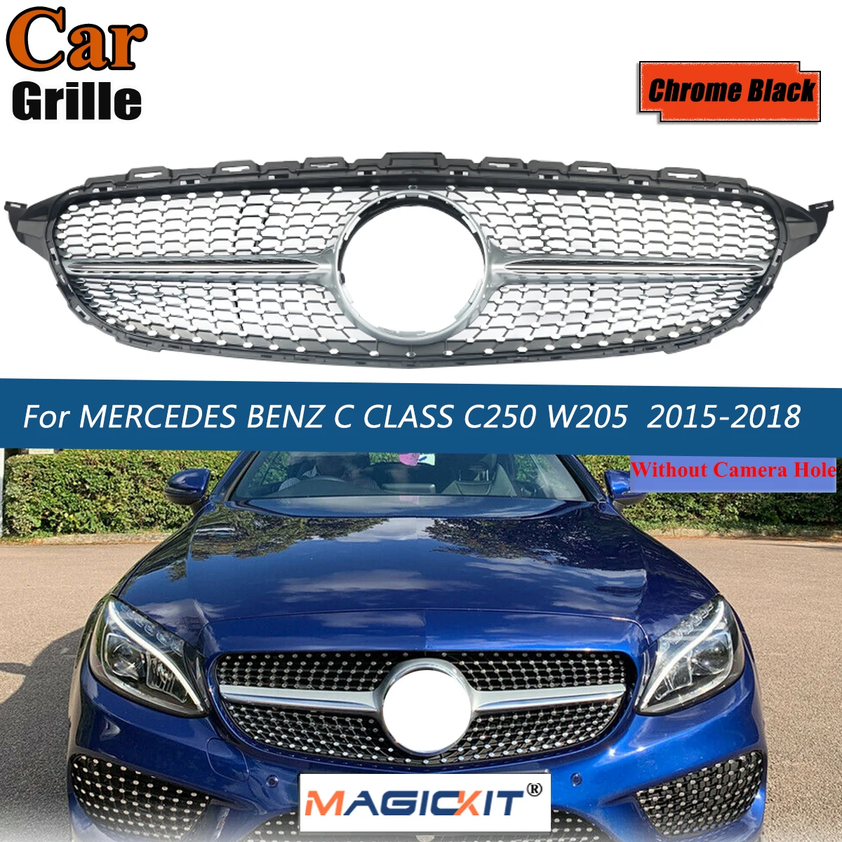 

MagicKit C Class W205 Diamond Grill ABS Chrome AMG Style Grille For Mercedes Benz C250 C300 Without Camera Hole 2014-2018