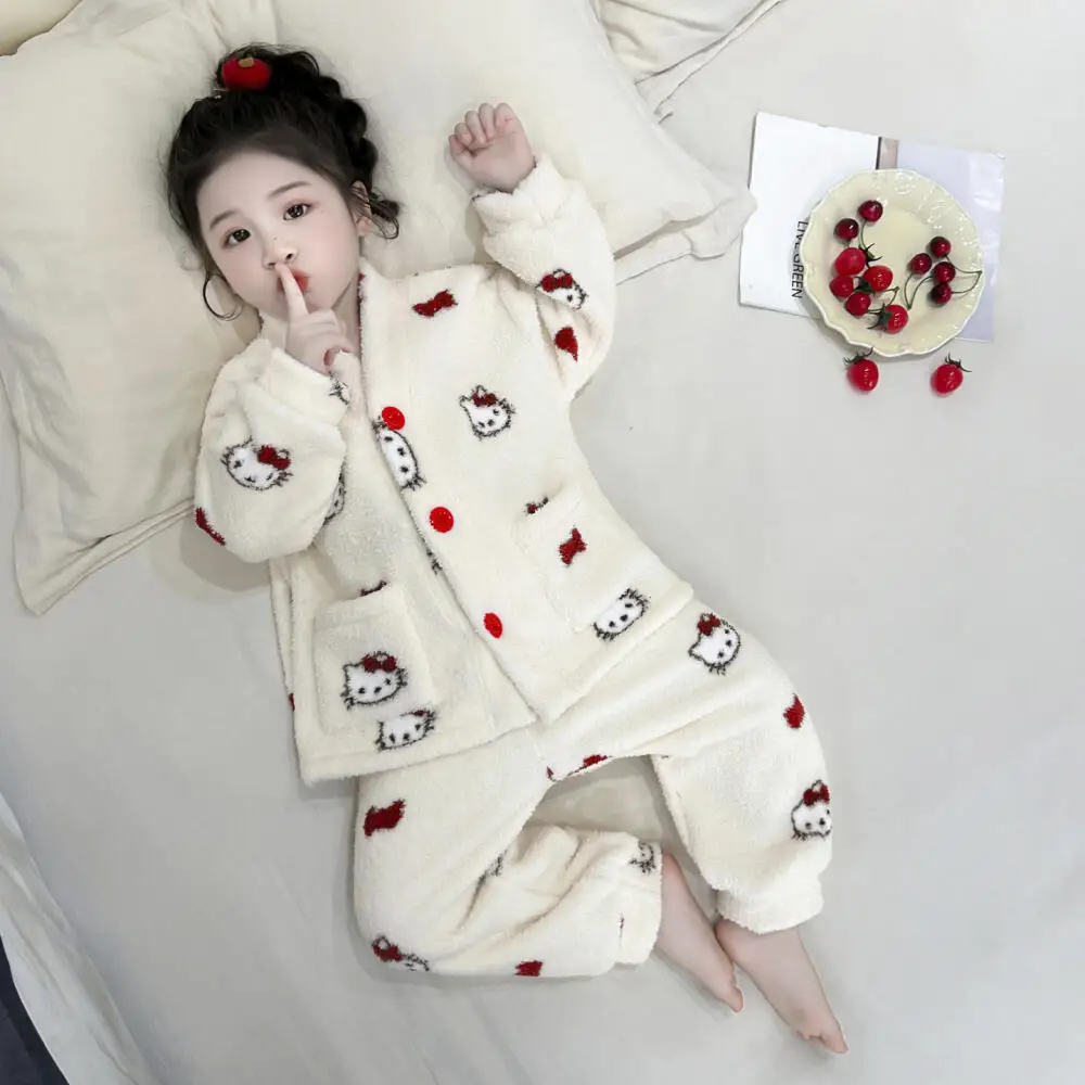 

Cartoon Child Pajamas Girl Thicken Keep Warm Autumn Winter New Flannel Household Clothes Kawaii Children's Clothing