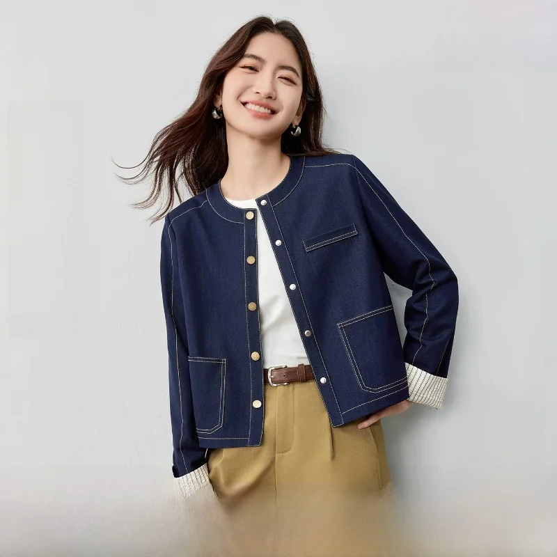 

Casual Women's Jacket Spring 2026 Sleeve Stripe Color Block Stitching Metal Button Design Top Polyester Blend Long Sleeve rou...