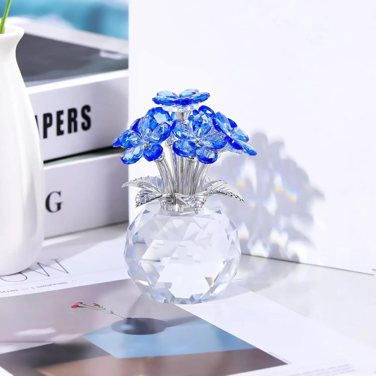Cristal azul No olvides de mí, regalos de flores para mujeres, ramo de flores de vidrio hecho a mano, estatuilla coleccionable, adornos de cristal Meanin
