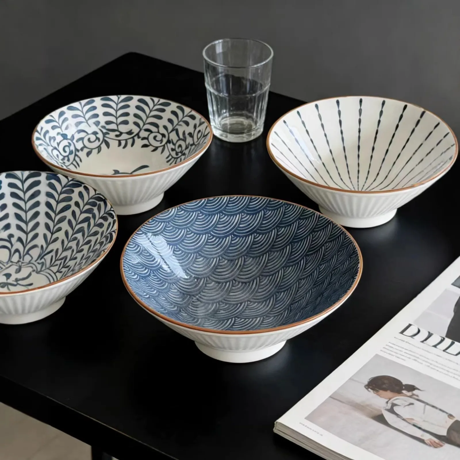 7 Inch Japanese Style Hat Shaped Ceramic Bowl Underglaze Glaze Premium Aesthetic Household Multi-purpose Soup Ramen Serving Bowl