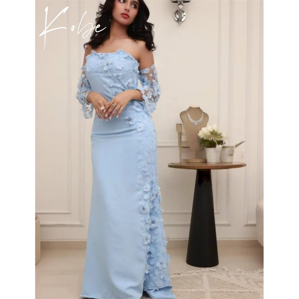 

Kobe Blue Strapless Prom Dresses Appliques Floor-Length Customized فساتين سهرات Detachable Sleeves vestido de gala noche mujer