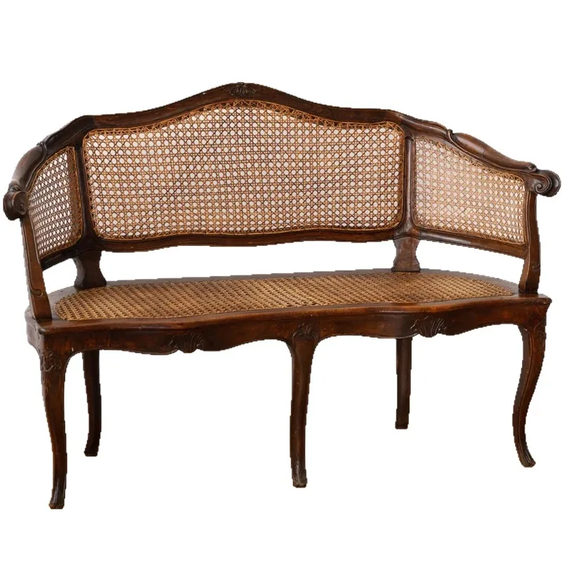 Living room leisure chair villa studio retro solid wood carving flower rattan sofa chair