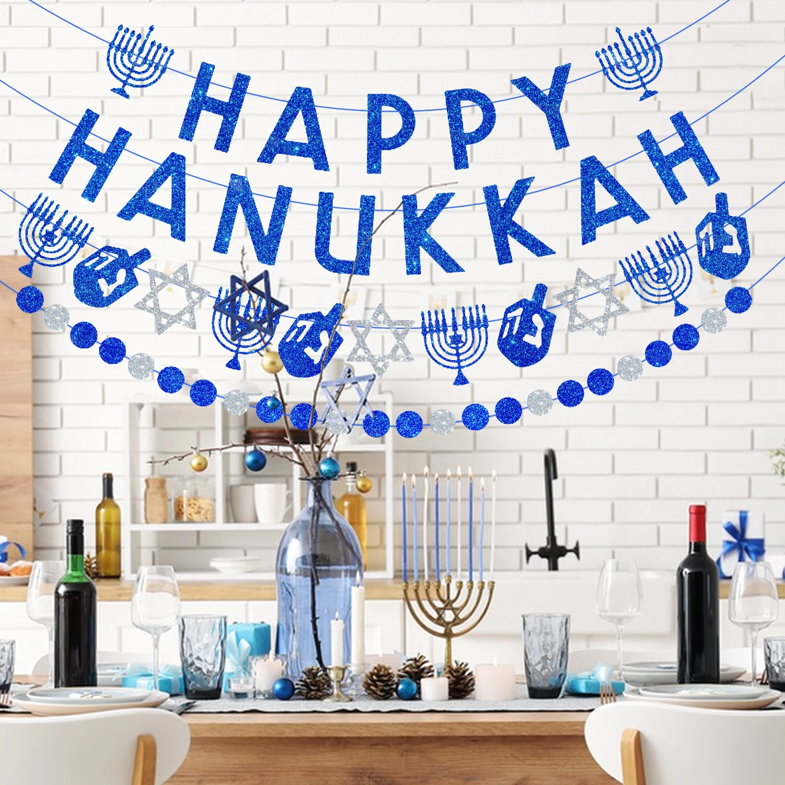 لافتة Happy Hanukkah and Garland Glitter Hanukkah Party Banner لوازم للمنزل والمكتب والديكورات الداخلية والخارجية