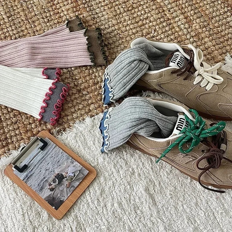 5 Pairs Women's  Breathable Crew Socks: Ruffled Edge, Double Cuff, Color Block All-Season Casual Socks