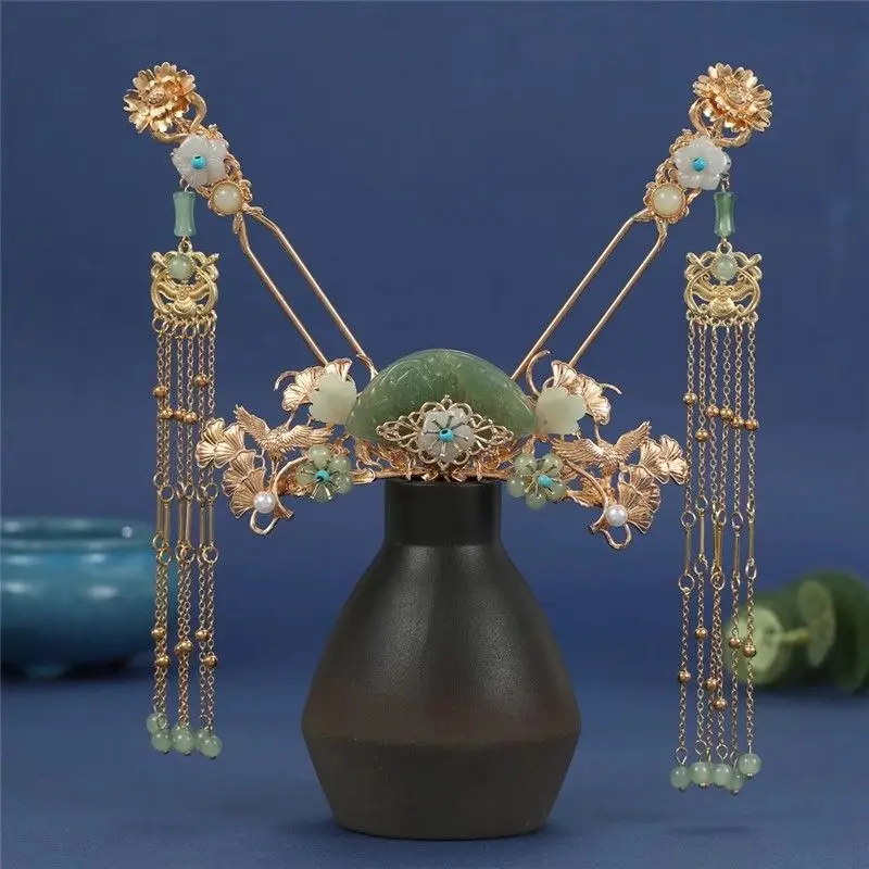 

Ancient Womens Metal Flower Crane With Imitation Jade Hair Crown Hairpin 3-piece Set Chinese Hanfu Headwear