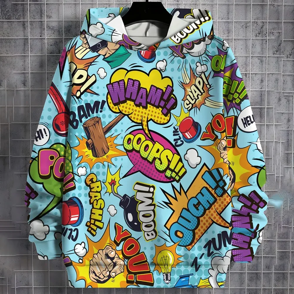 

Men's casual printed pullover, polyester fabric hoodie men, 3d digital print, y2k Graffiti pop style top coat