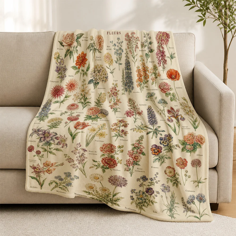 Autumn Floral Botanical Print Throw Blanket Sofa Cover Throw Couch Decor Cozy Seasonal Living Room Textile Gift