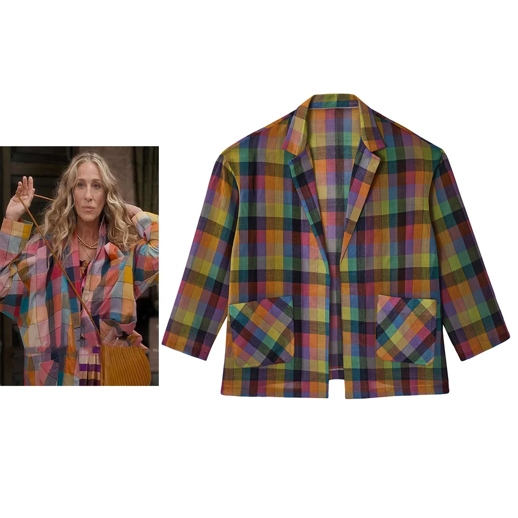 

Carrie Bradshaw Cosplay TV Series Costume Women Casual Trendy Rainbow Printed Shirt Daily Office Plaid Blouse Top