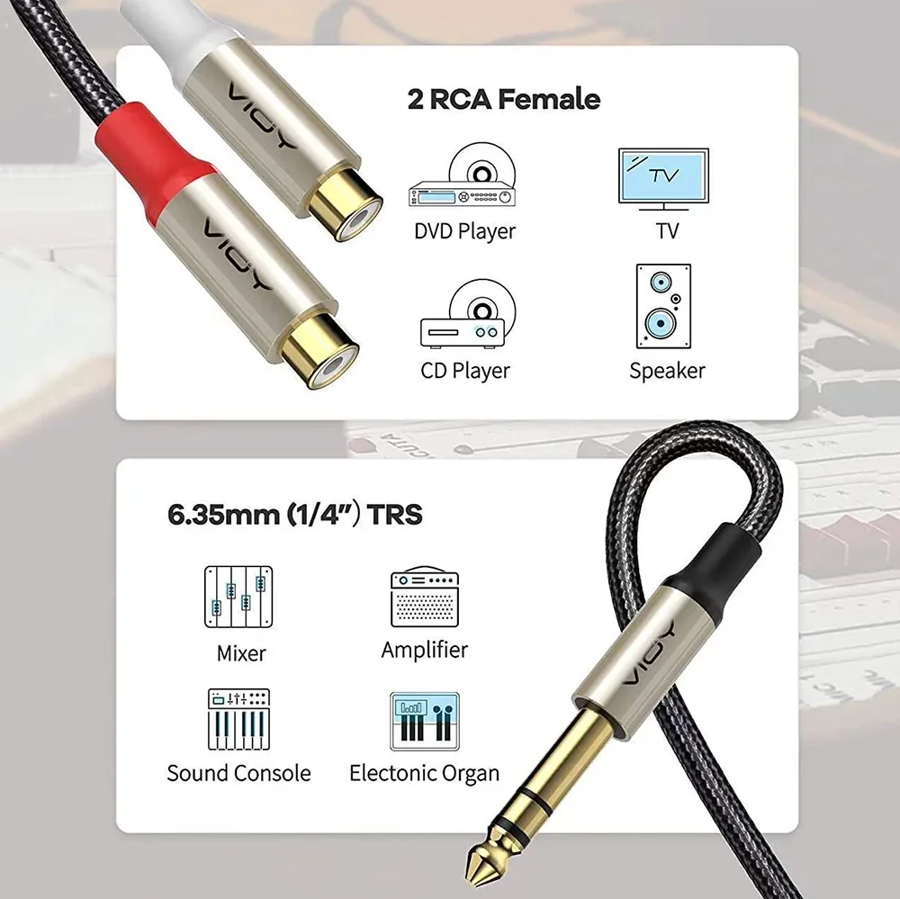 6.35mm To 2RCA Cable 1/4 Inch Male TRS To 2RCA Female Splitter Stereo Audio Adapter Cable for Amp Mixer Speaker TV DVD Player