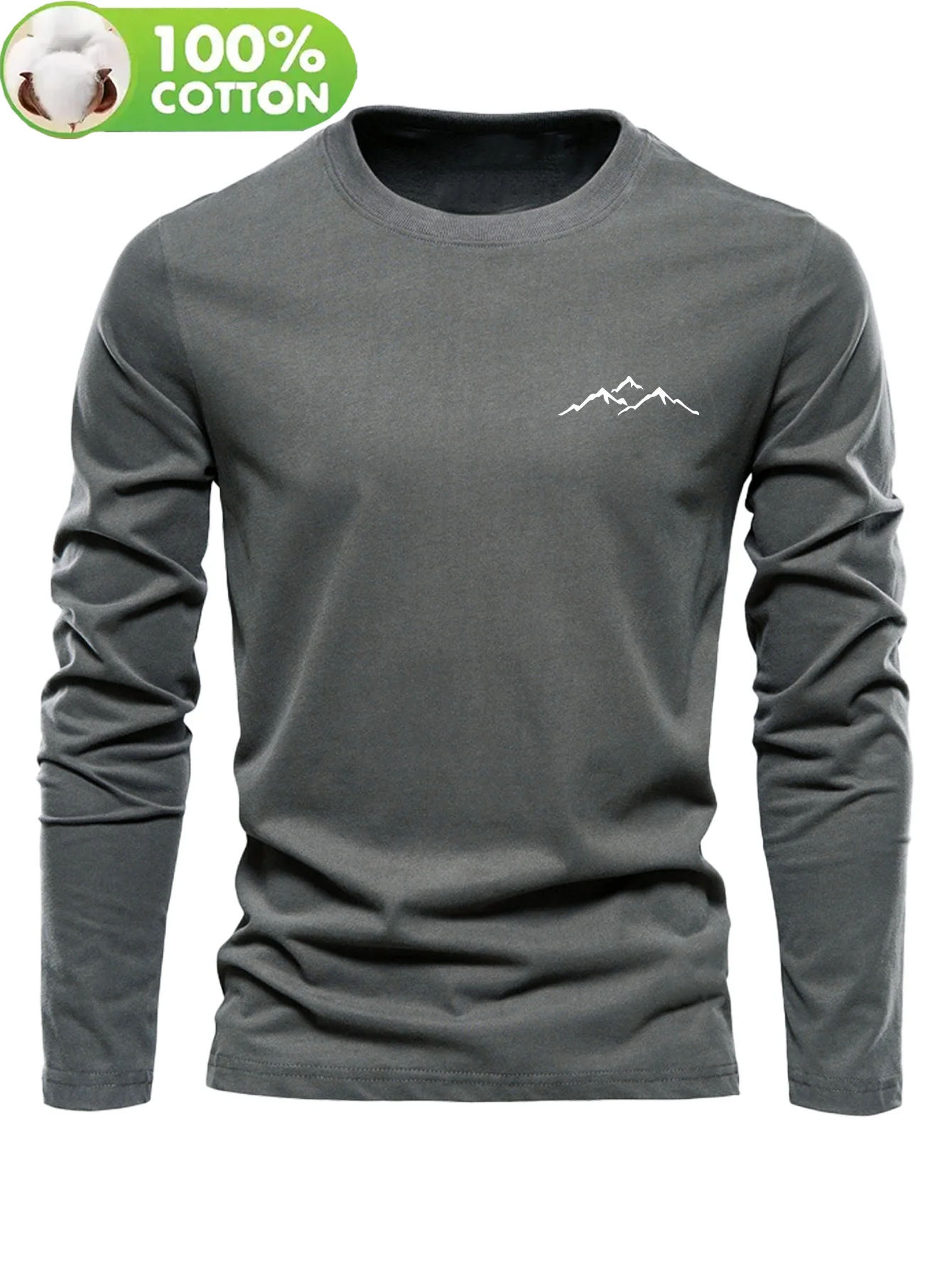 Men's 100% pure cotton loose and comfortable casual sports mountain pattern printed round neck long sleeved T-shirt top