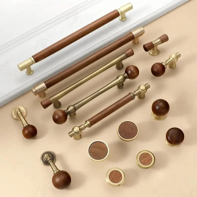 Medieval Style Walnut Cabinet Door Handle American Light Luxury Brass Drawer Wardrobe Door Knob Hardware