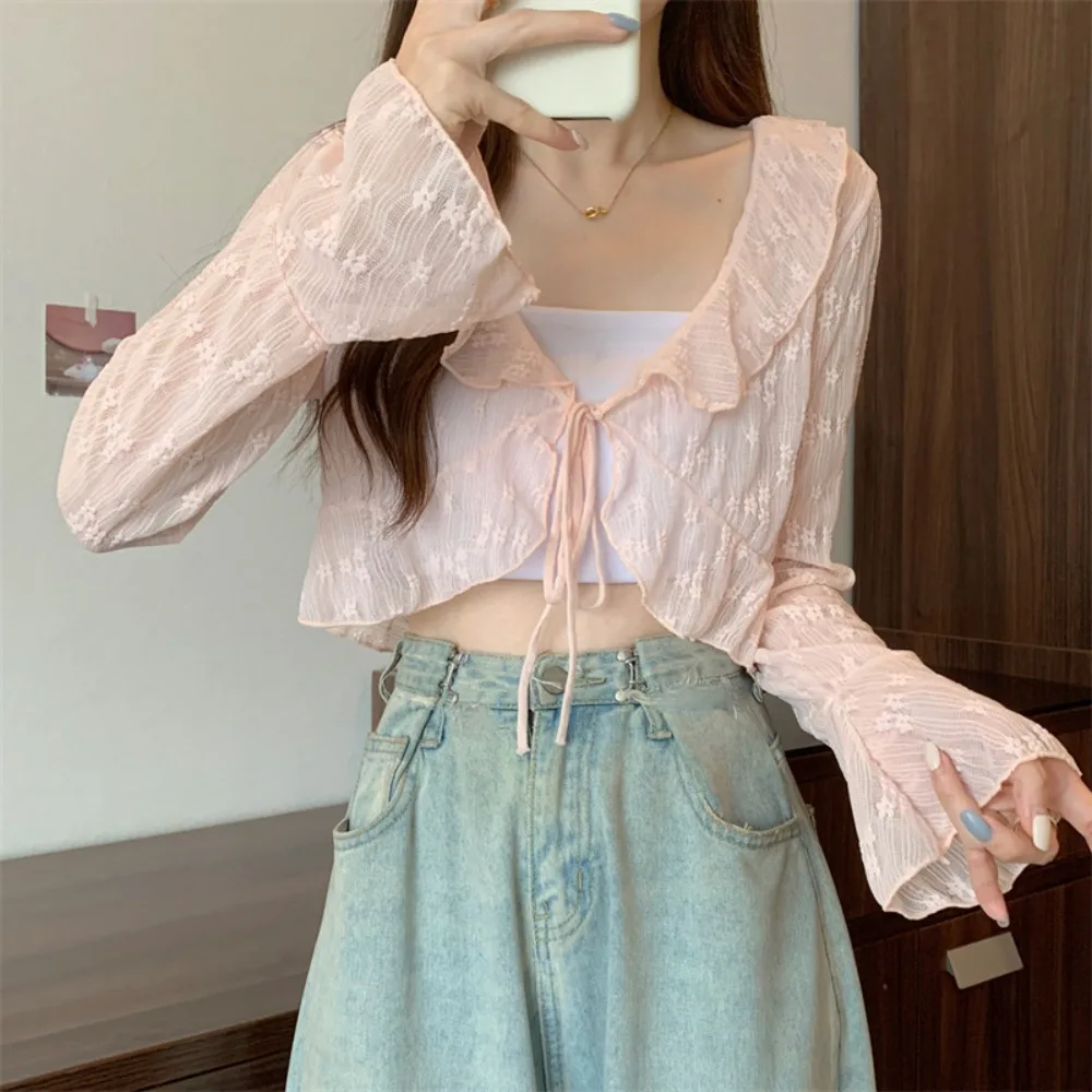 

Floral Flower Thin Sunscreen Cardigan Top Ruffled Edge V-neck Knitted Long Sleeves Sunscreen Top Sun Protection Shawl Short Coat
