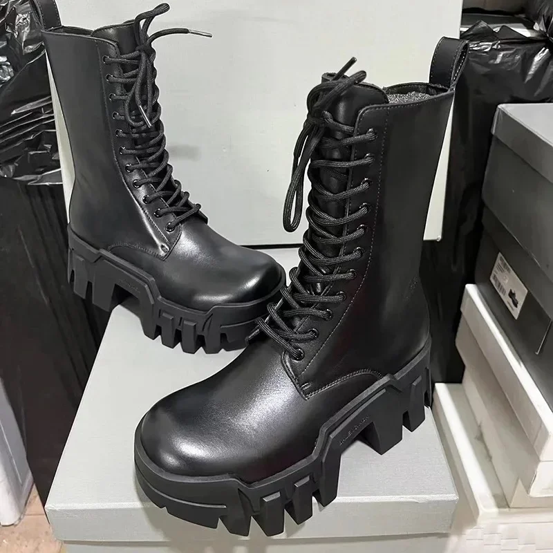 2025 New Casual Round Head Lace-up Punk Medium Tube Men's Thick-soled Handsome Heightening Locomotive Short Boots