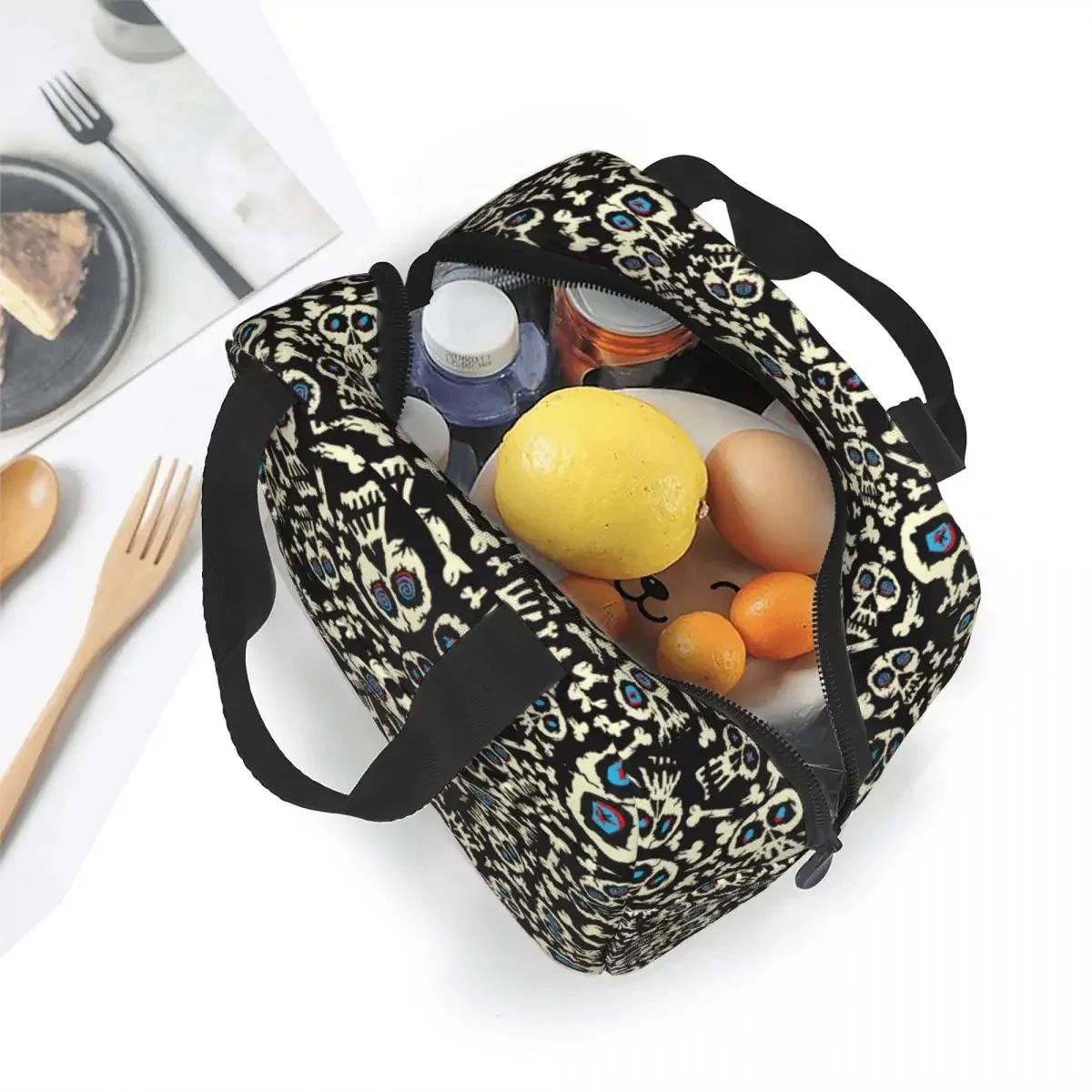 Bolsa de almuerzo con aislamiento de calavera sin costuras, bolsa térmica, contenedor de comida, bolso de mano oscuro para Halloween, caja de almuerzo de alta capacidad, Picnic de playa