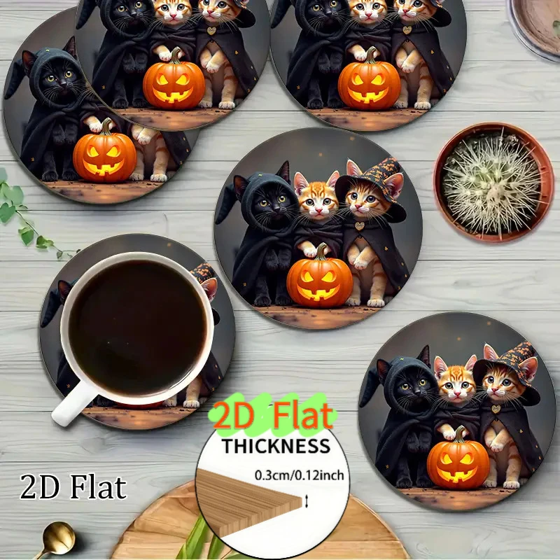 12/6 Pieces of Black and Gold Cat-Themed Designs (Witch, Tricolor Cat, Tailcoat) - Wooden 2D Flat Heat-Resistant Non-Slip Coasters with Glossy Pumpkin and Mummy Cat Designs - Suitable for Coffee Tables, Dining Tables, Halloween Home Decor - Cute and Elegant Witch Hat and Cape Design, Available in Multiple Colors