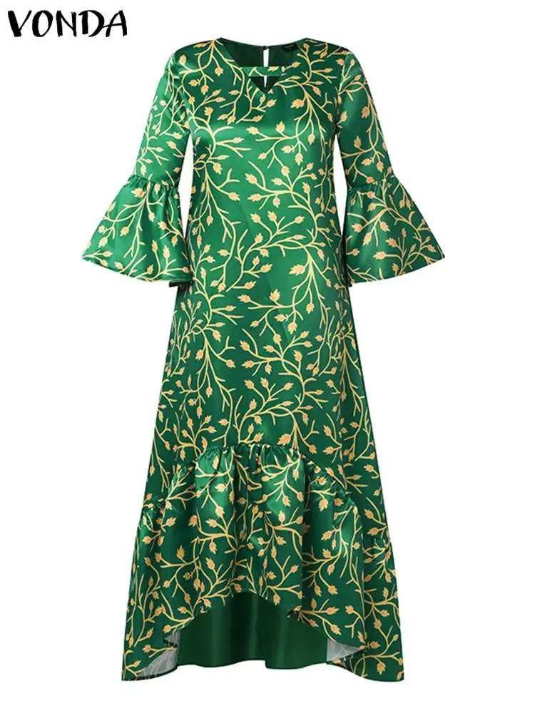 Plus Size Vonda 2024 Sommer böhmischen langen Kleid Frauen Vintage Blumen gedruckt Maxi Sommerkleid V-Ausschnitt Flare Ärmel lose Rüschen Robe