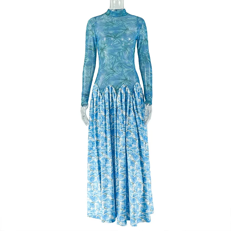 JENYAGE Damen Transparentes Maxikleid mit hohem Kragen, langen Ärmeln, blauem Blattdruck, Patchwork, langer, weitem Rock, afrikanisches Party-Abendkleid – Detail 5
