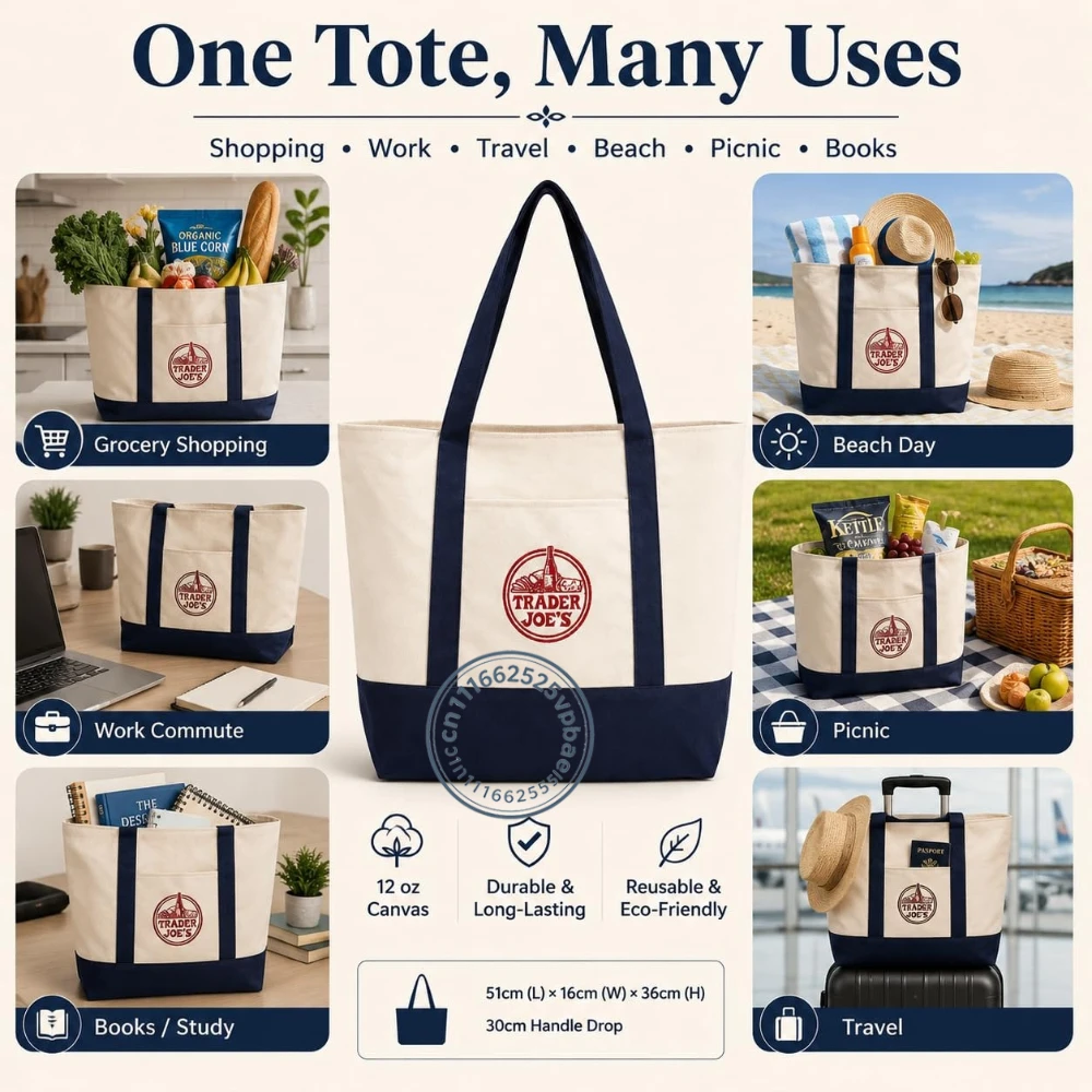 Large Canvas Tote Bag for Trader Joe's, Reusable 12 oz Cotton Tote Bag with Embroidered, Front Pocket & Reinforced Bottom