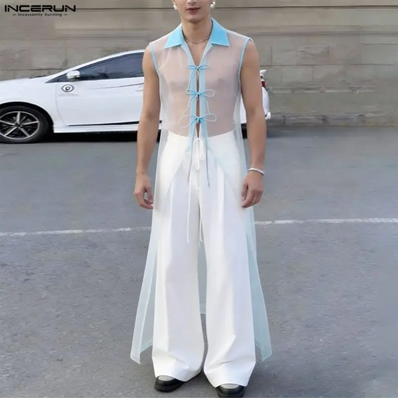 INCERUN Men's Shirt Mesh Patchwork Lapel Sleeveless Lace Up Male Long Style Shirts Streetwear 2026 Sexy See Through Men Clothes