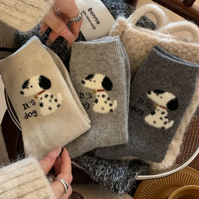 4 Pairs of Mixed Random Colors,Simple Versatile Sweet Cute Puppy Mid-calf Socks,Autumn/winter Adorable Spotted Dog Socks