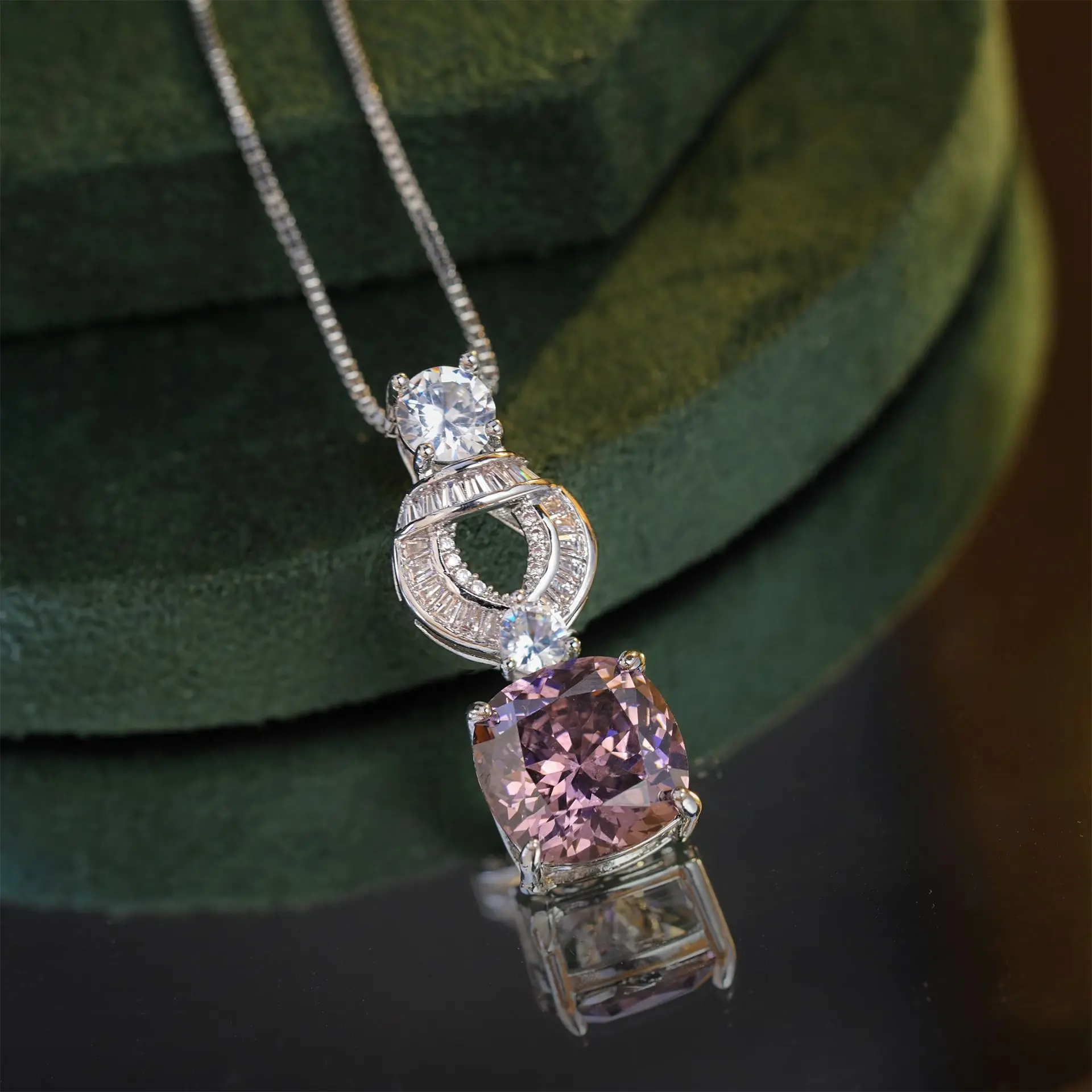 Vintage Polished Silver Plated Copper Pendant Necklace For Women 12*12mm Cushion Cut Simulated Purple Pink Gem Pave Dainty Chain