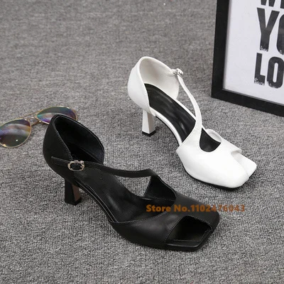 Women's Sandals New Black White Square Toe Buckle Strap Shoes Peep Toe Thin Heels Female Sandals Cover Heel Ladies Pumps